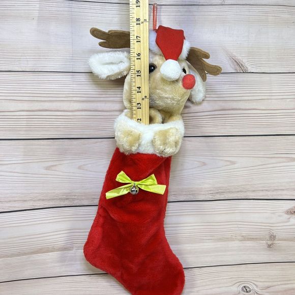 VTG Christmas Stocking 19” Rudolph Red-Nosed Reindeer Head Plush Santa Hat Bell - Picture 3 of 12